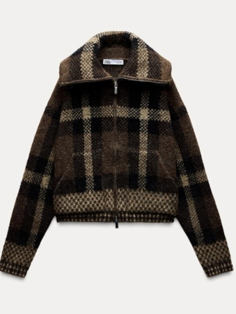 ZARA Viral Textured Plaid Knit Moto Bomber Jacket with Zippers - Medium